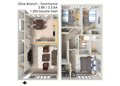 3 bedroom floor plan at Olive Branch Townhomes, Batavia, 45103